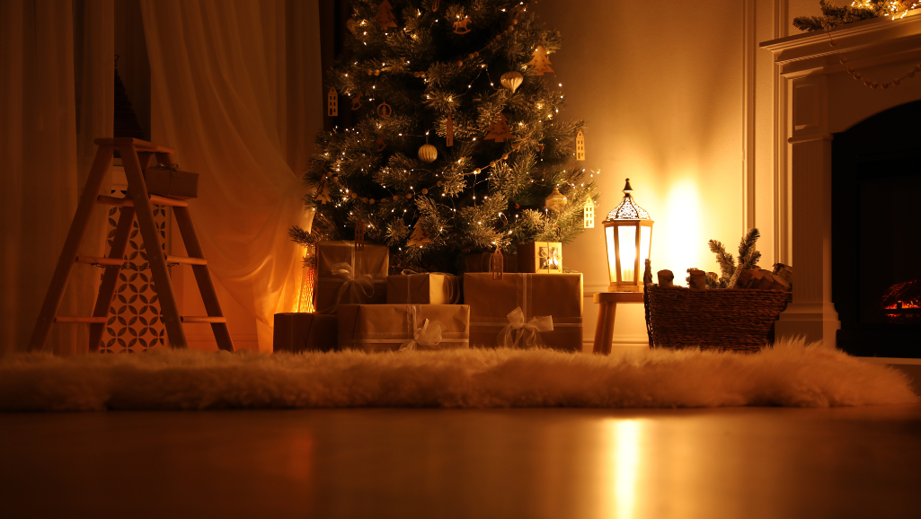 A serene, dimly lit room with warm lighting. In the foreground, an individual sits cross-legged on a plush cushion, practicing mindful breathing, their eyes closed in deep concentration. Strategically placed around them are symbols of stress management - a candle flickering gently, a bowl of water with floating flowers, a small bonsai tree, and a collection of smooth stones. The middle ground features a minimalist desk with a journal, pen, and a cup of herbal tea, while the background showcases a tranquil landscape through a large window, with rolling hills and a distant horizon. The overall scene radiates a sense of calm, introspection, and effective techniques to manage stress and anxiety.